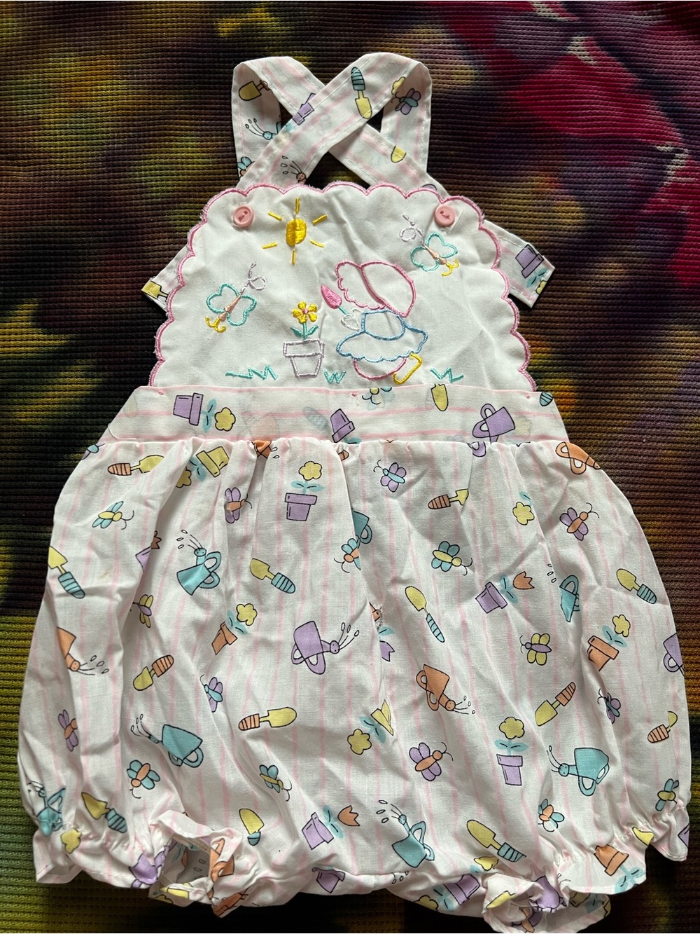 🦋 Vintage 90’s Pastel Embroidered Holly Hobbie Style Sun Romper Bubble Overalls